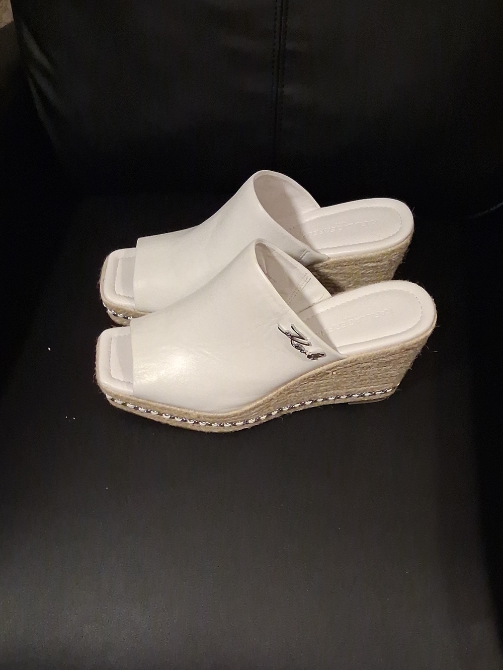 Karl Lagerfeld White Espadrille Wedge Slide Sandals